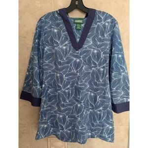 LL Bean womens blue tropical leaves lightweight hoodie pullover tunic small